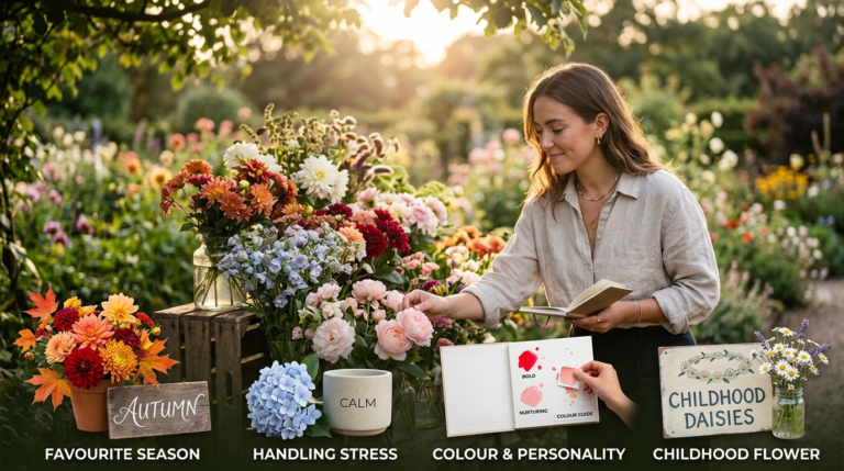 A bright and informative collage featuring tips for choosing the perfect flower, including visuals of various blooms, icons, and checklists, designed to guide viewers in finding the right flower match for different occasions and personalities