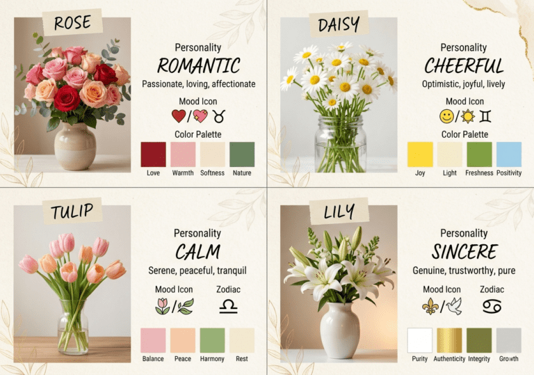 Illustration showing different flowers representing unique personality traits like love, joy, and calmness