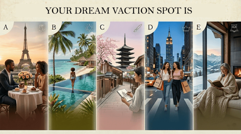 A vibrant collage showcasing dream vacation destinations like tropical beaches, mountain landscapes, and scenic cities, with a relaxing and aspirational aesthetic representing different travel preferences