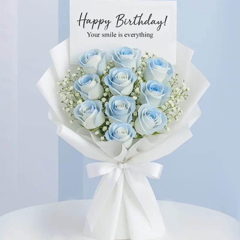 birthday-bouquet A vibrant bouquet of blue roses arranged for a happy birthday celebration