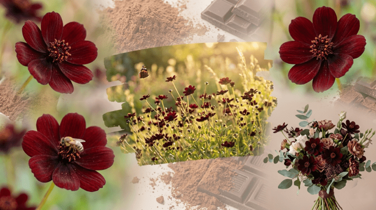 Chocolate Cosmos (Cosmos atrosanguineus) deep burgundy flowers with velvety petals blooming in a garden, known for their rich chocolate-like fragrance and dark red color.