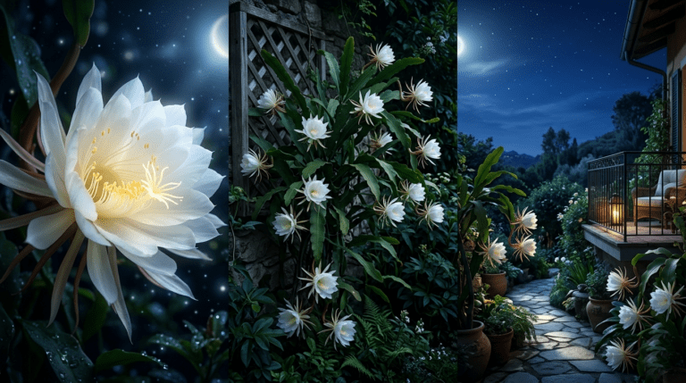Queen of the Night (Epiphyllum oxypetalum) large fragrant white night-blooming flower with layered petals, glowing against dark foliage in a moonlit garden.