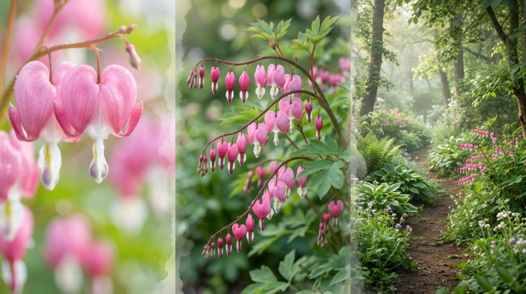 Bleeding Heart (Lamprocapnos spectabilis) delicate pink heart-shaped flowers with white tips hanging from arching stems, set against soft green foliage in a shaded garden.