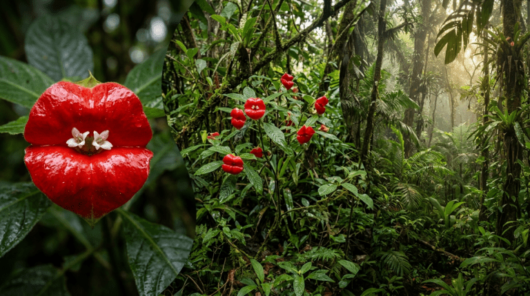 Hooker’s Lips (Psychotria elata) bright red lip-shaped bracts resembling parted lips, surrounding small white flowers in a lush tropical rainforest setting.