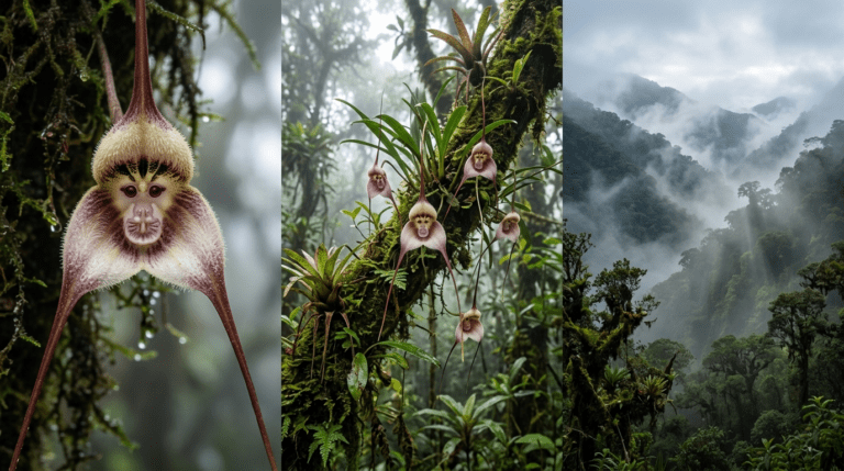 Monkey Face Orchid (Dracula simia) unusual orchid bloom resembling a monkey’s face with fuzzy petals, set against deep green foliage in a cool, misty cloud forest.