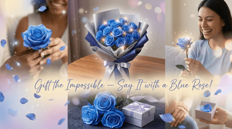 Elegant blue roses presented as a gift representing unique and unforgettable feelings