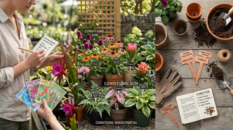 Gardener selecting unique and exotic flowers from a variety of plants, focusing on different colors, shapes, and textures in a lush garden setting.