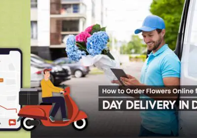A courier holding a fresh flower bouquet near a doorstep, symbolizing fast same-day flower delivery service.