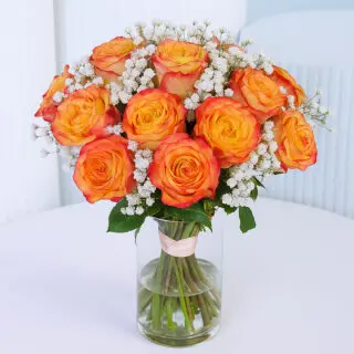 20 vibrant orange roses with white baby's breath arranged in a clear glass vase tied with a light pink ribbon.