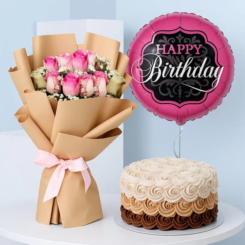 roses- birthday-combo A birthday gift featuring a bouquet of 5 pink roses wrapped in brown with a pink ribbon, a round pink "Happy Birthday" balloon with black and white script, and a round cake.