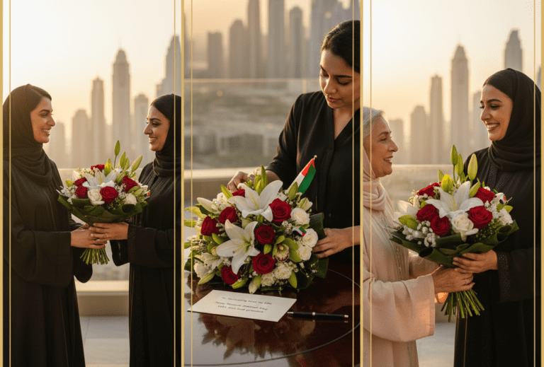 Beautiful flower bouquet gifted to Emirati woman, symbolizing appreciation, love, and celebration of Emirati Women’s Day