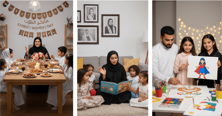 Emirati family celebrating Women’s Day together with flowers and gifts, symbolizing love, appreciation, and unity