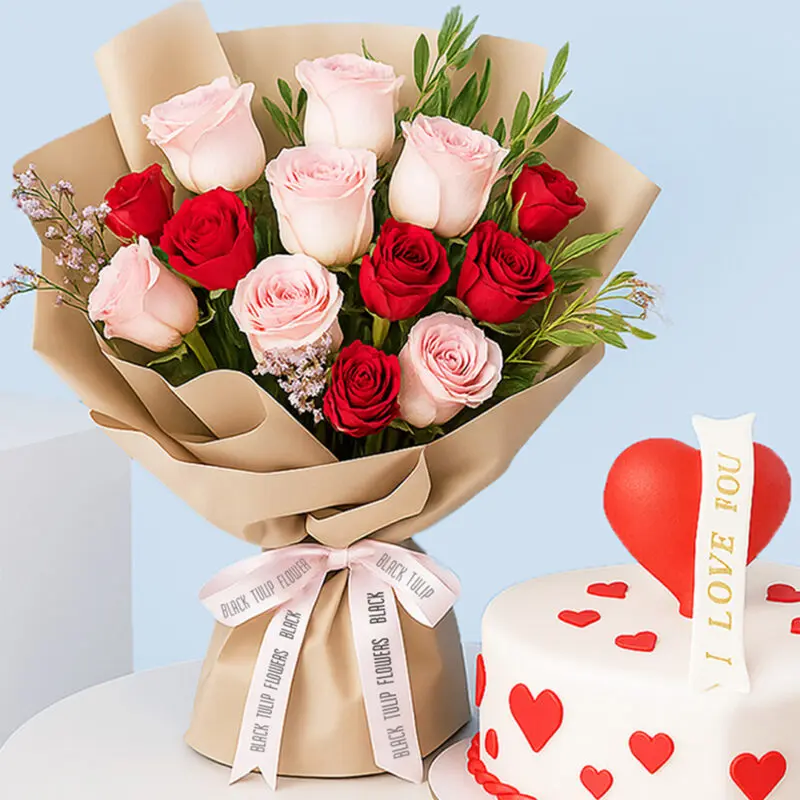 Pink Red rose bouquet cake 02