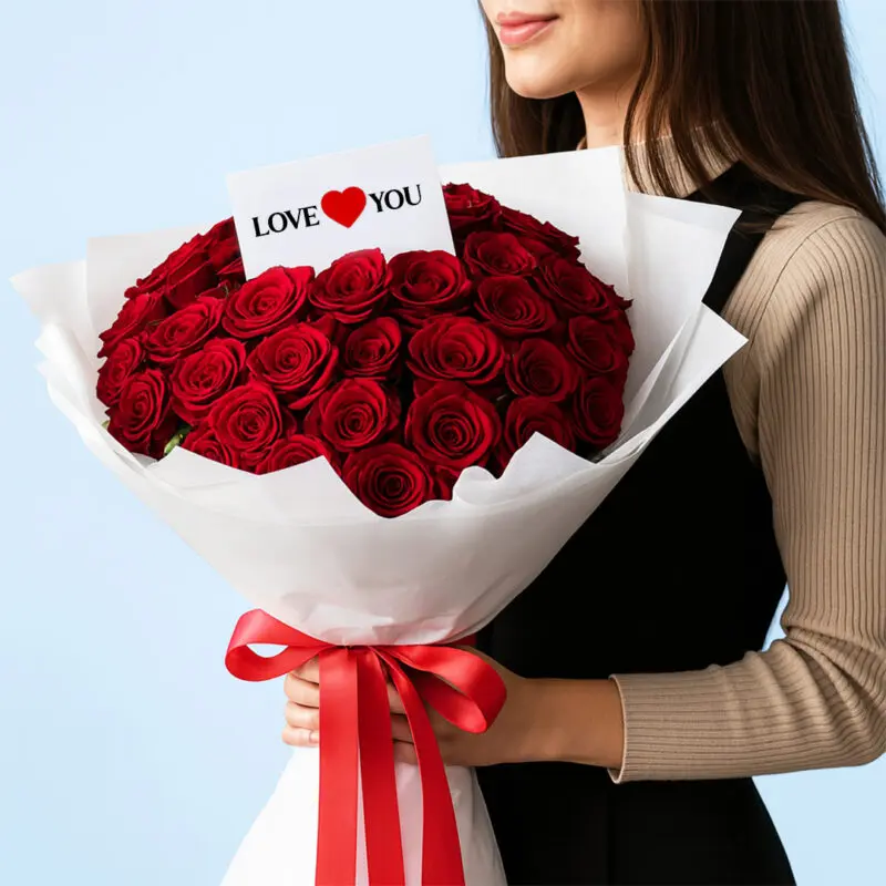 red-roses-bouquet-01 A woman holding a large bouquet of vibrant red roses with a small card that says "LOVE YOU”. The flowers are wrapped in white paper and tied with a red satin ribbon.