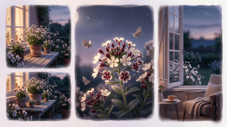Night Phlox (Zaluzianskya ovata) blooming at night with small white and maroon flowers