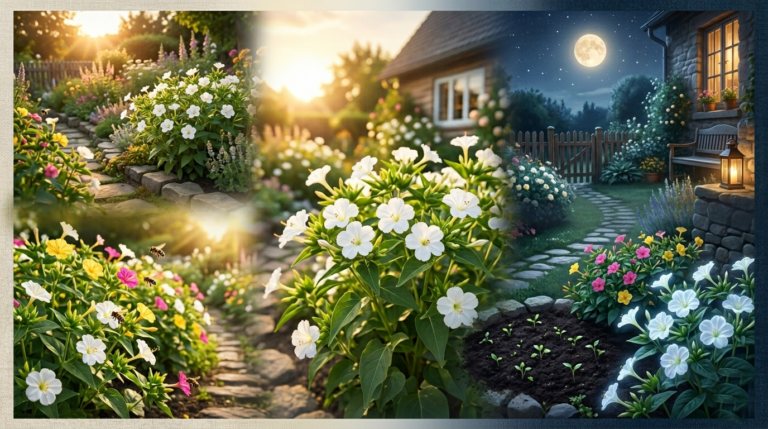 Four O’Clock flower (Mirabilis jalapa Alba) blooming in the evening with white petals