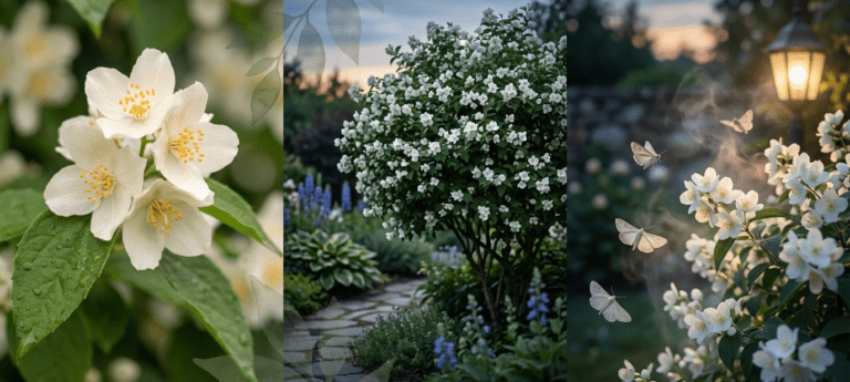 Mock orange (Philadelphus spp.) blooming with white citrus-scented flowers