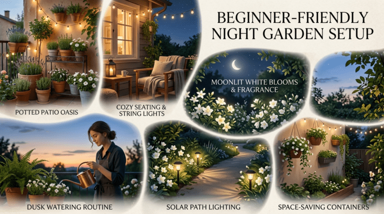 A serene night garden with glowing flowers and soft moonlight