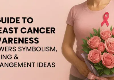 "Breast Cancer Awareness flowers guide with pink roses, symbolic blooms, gifting ideas, and floral arrangements"