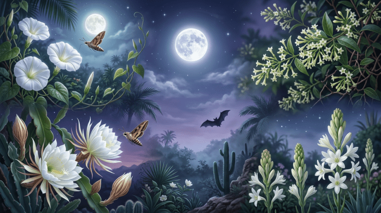 Night blooming flowers glowing under moonlight in a serene garden