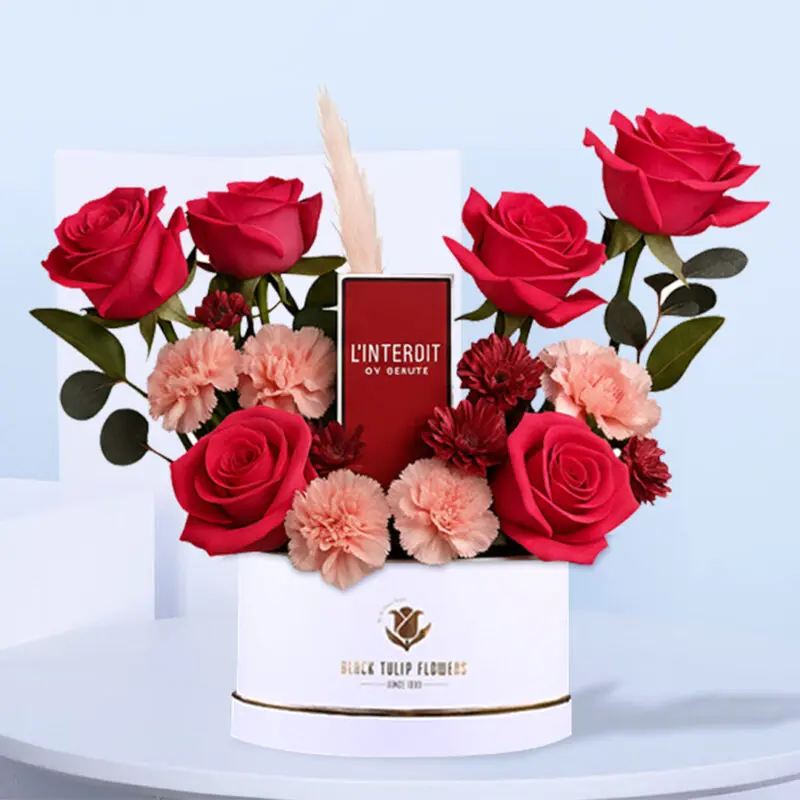 givenchy-linterdit-pink-rose-box-01 Givenchy L’Interdit Rouge EDP Women 80ML in a White flower box filled with pink roses and small red mums.