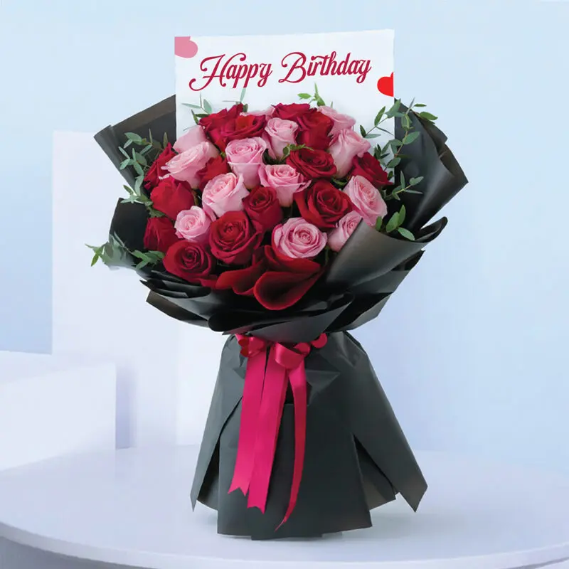 30-stems-happy-birthday-roses-bouquet Birthday bouquet of 30 roses, 15 red and 15 light pink with fresh greenery, sleek black wrap with a message card "Happy Birthday"