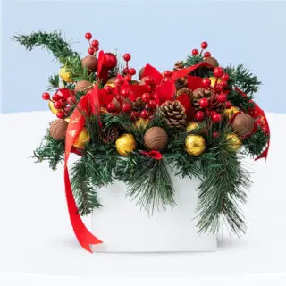 Festive Christmas chocolate gift box with cake pops, truffles, pine cones, and red ribbons in a white box.