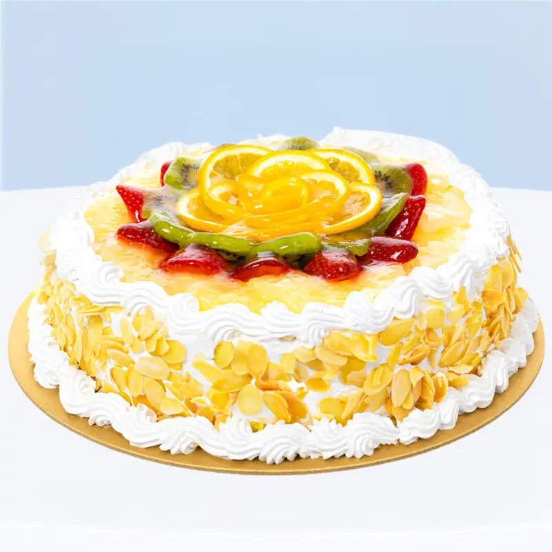 fruit-bliss-cake-1-5kg Fruit Cake 1.5 kg with almond flakes and fresh fruit topping.