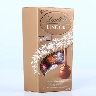 Lindt Lindor Assorted Chocolate Truffles 200g Gold Box with assorted wrapped chocolates.