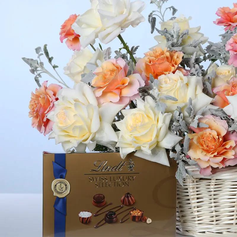 white-orange-roses-basket-with-lindt_03 white orange roses basket with lindt 03