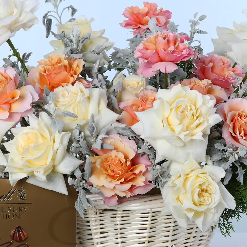 white-orange-roses-basket-with-lindt_04 white orange roses basket with lindt 04