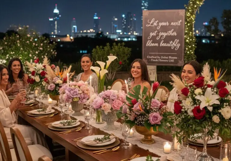 Fresh flower arrangements decorating a warm and elegant get-together setting at home