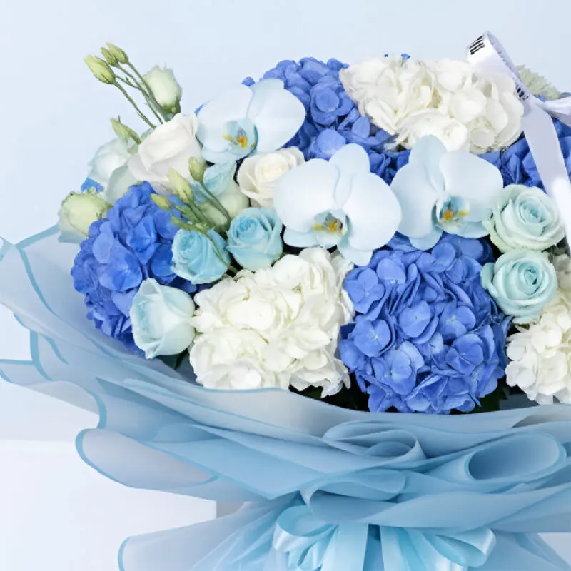 blue white hydrangea rose orchid bouquet 02