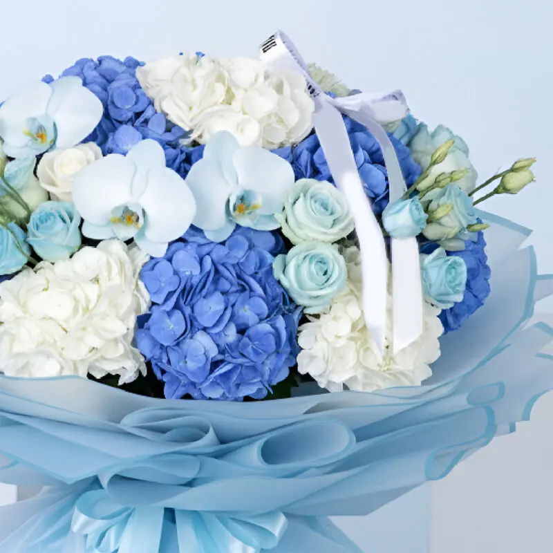 blue white hydrangea rose orchid bouquet 03