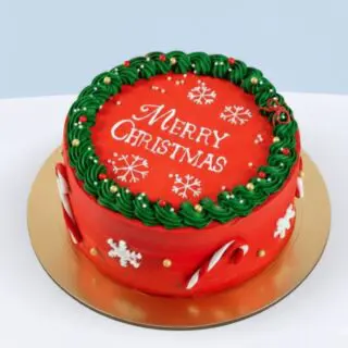 Merry Christmas round chocolate fudge cake with red icing, green cream border, white snowflakes and candy cane decorations on a serving plate.
