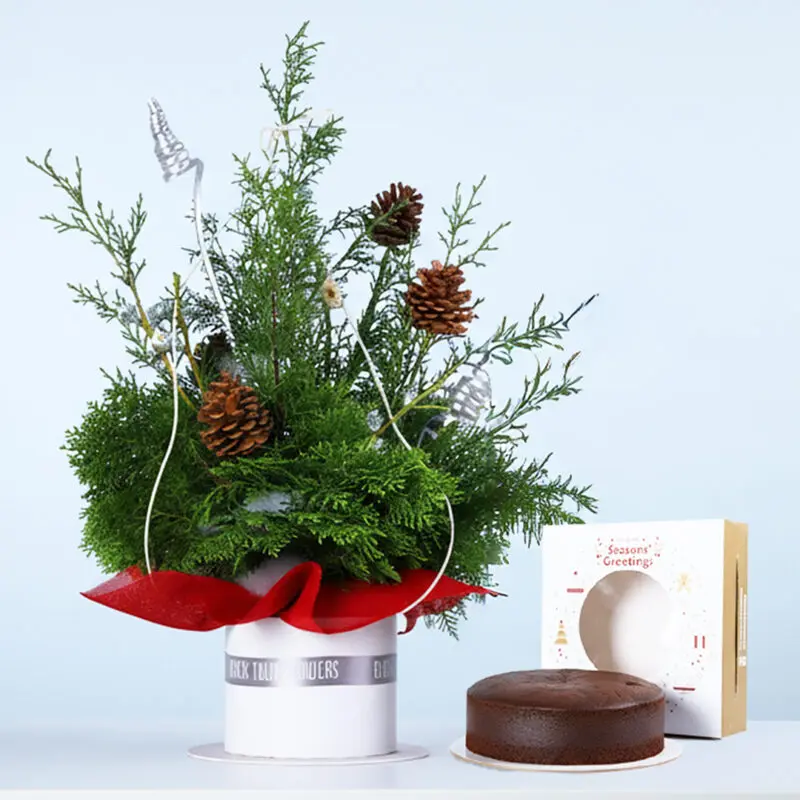 christmas-jenifer-leaves-plum-cake-combo A tree-style arrangement featuring Jenifer leaves with Christmas fillers in a white hatbox with red wrapping, finished with a signature plum cake gift.