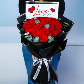 Red Roses & Eucalyptus with Love Card