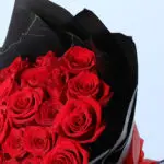 Red Roses Bouquet in Black Wrap with 3 Heart Balloons 3 05