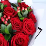 Red Rose White Wrap Bouquet 3 12-red-roses-ruscus-hypericum-bouquet_04