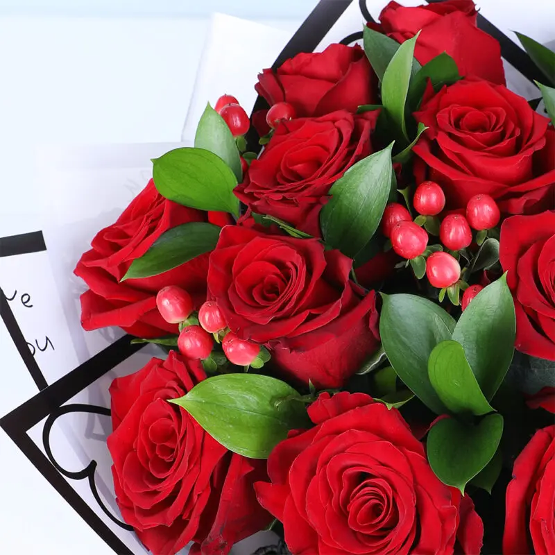 12-red-roses-ruscus-hypericum-bouquet_05 12 red roses ruscus hypericum bouquet 05