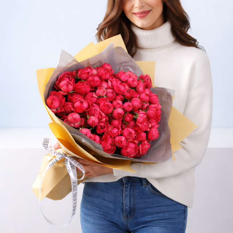 Bouquet featuring 20 Bombastic pink roses in premium wrapping.