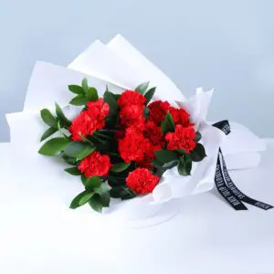 Bouquet of red carnations in white wrap