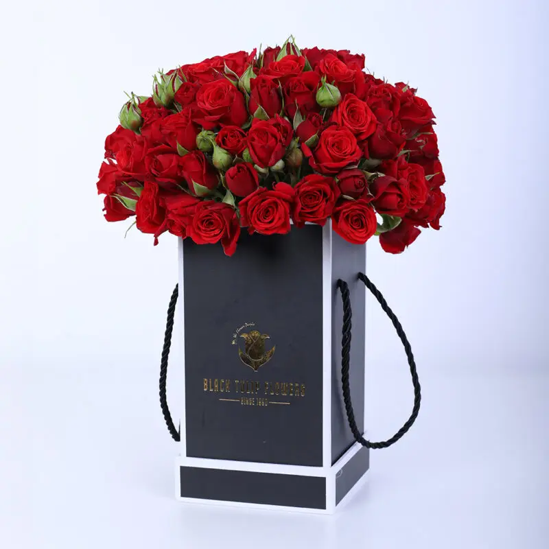 20-red-spray-roses-black-box Red spray roses with green buds in a premium black rope-handle box.