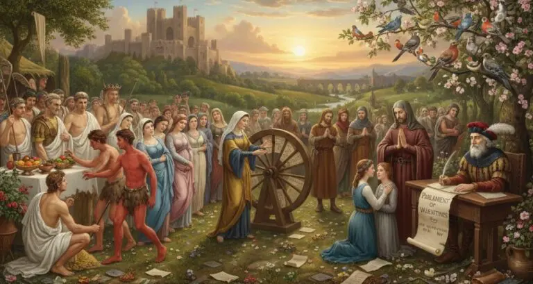 Valentine’s Day origins image highlighting Lupercalia, early poetry, and the cultural shift toward romance