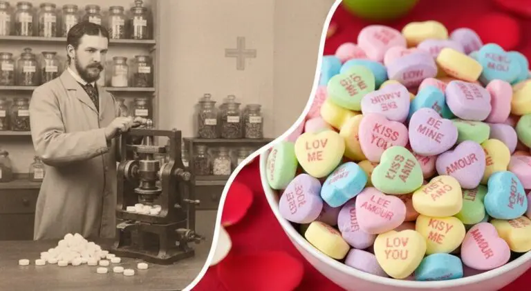 Valentine’s Day origins image highlighting that conversation hearts began as medicinal lozenges.