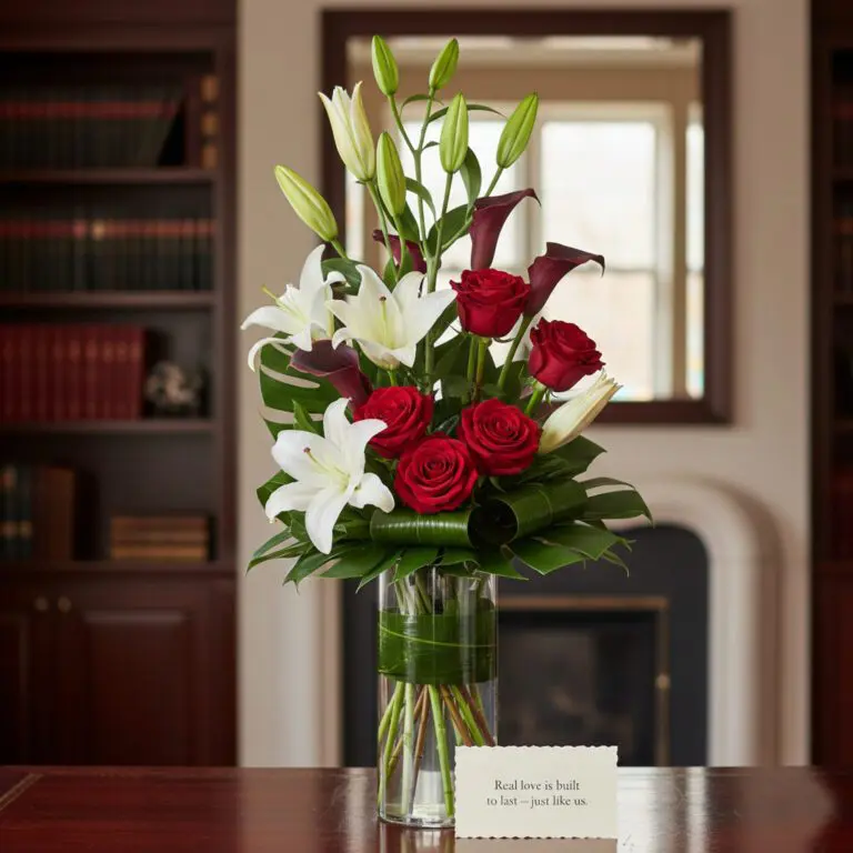 Capricorn zodiac flowers featuring classic lilies and long-stem roses symbolizing elegance and ambition