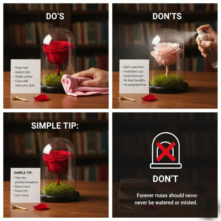 Forever rose dome care instructions with quick and easy maintenance tips.