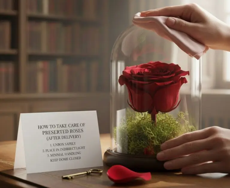 How to take care of preserved roses after delivery to maintain their colour and texture.