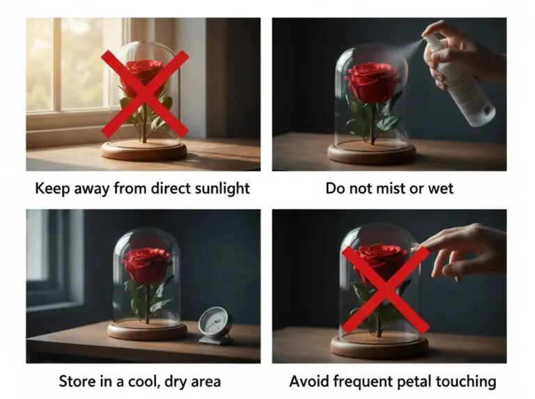 Infinity rose care rules explaining how to protect preserved roses from water, sun, and humidity.