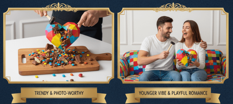 NJD chocolate gifts featuring playful designs and modern Valentine’s Day packaging.